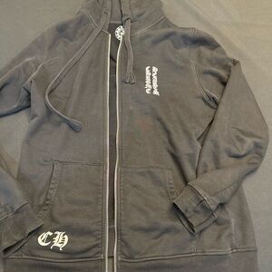 Black Zip-Up chrome hearts Hoodie with Embroidered Details